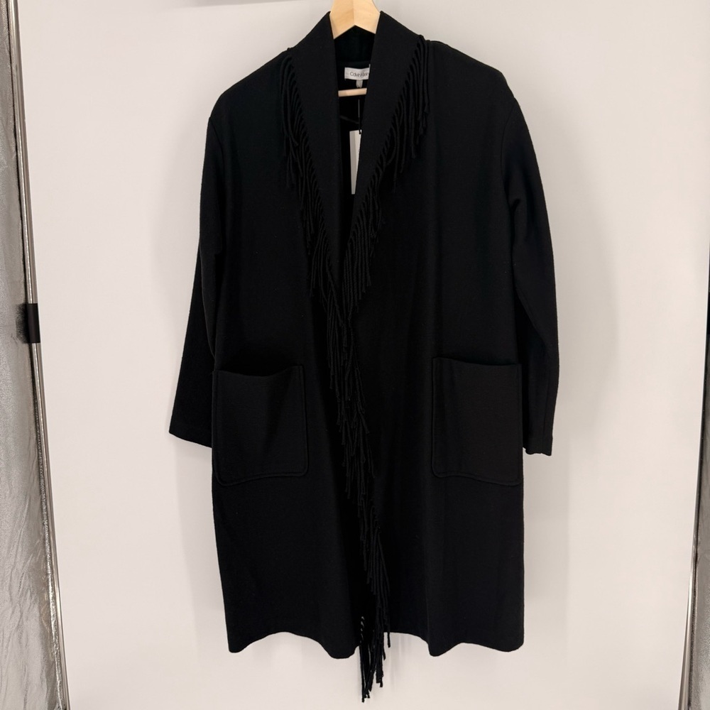 NWT Calvin Klein Wool Blend Black Oversized Cardigan with Fringe Size S